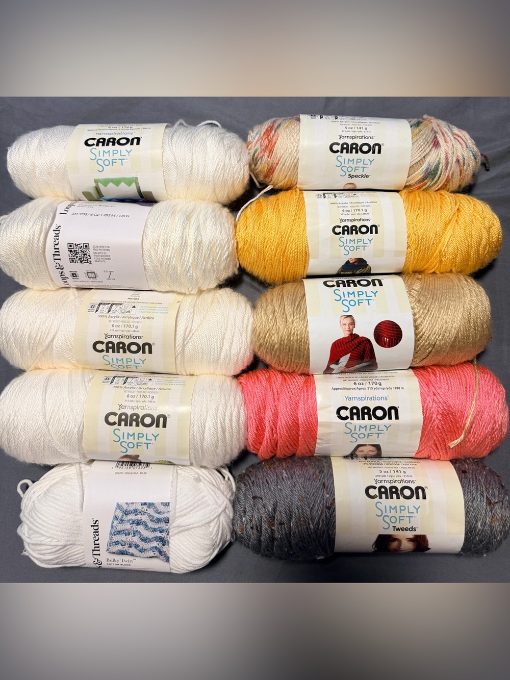 Caron Simply Soft Yarn Collection — White, Yellow, Coral, Gold, Gray